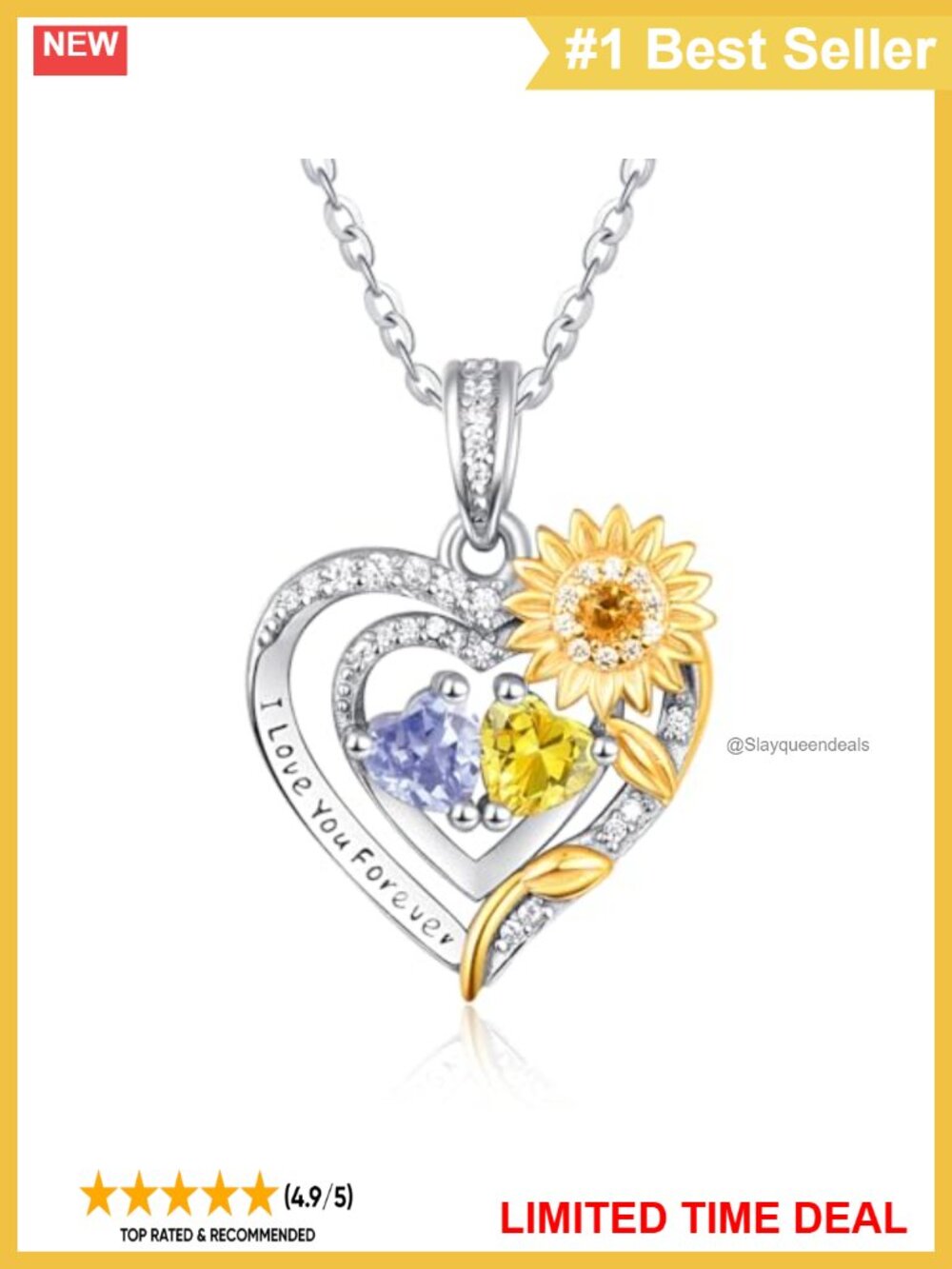 S925 Sterling Silver Sunflower Heart Necklace Alexandrite Citrine Birthstone